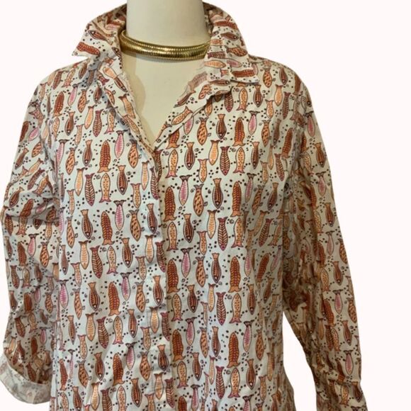Tulip Clothing Logan Button Down Shirt Red Fish Print XS Made in India - Picture 7 of 14